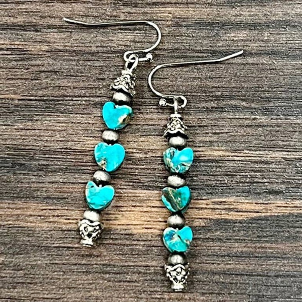 Turquoise Heart Dangle Earrings Western Boho Silver Cowgirl Rodeo Jewelry